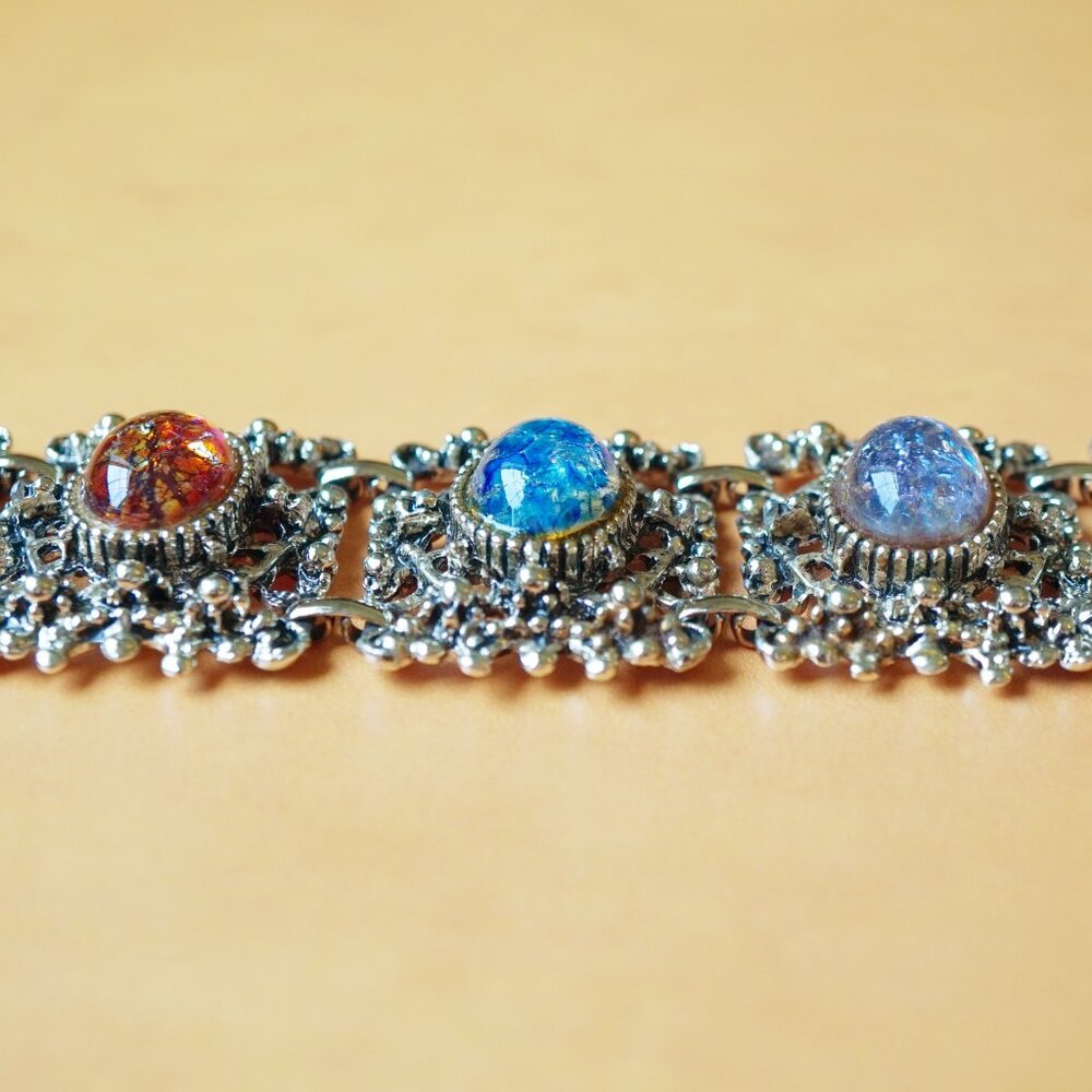 Vintage Selro Selini Style Brutalist Panel Bracelet – Foil Art Glass Cabochons - Picture 3 of 5
